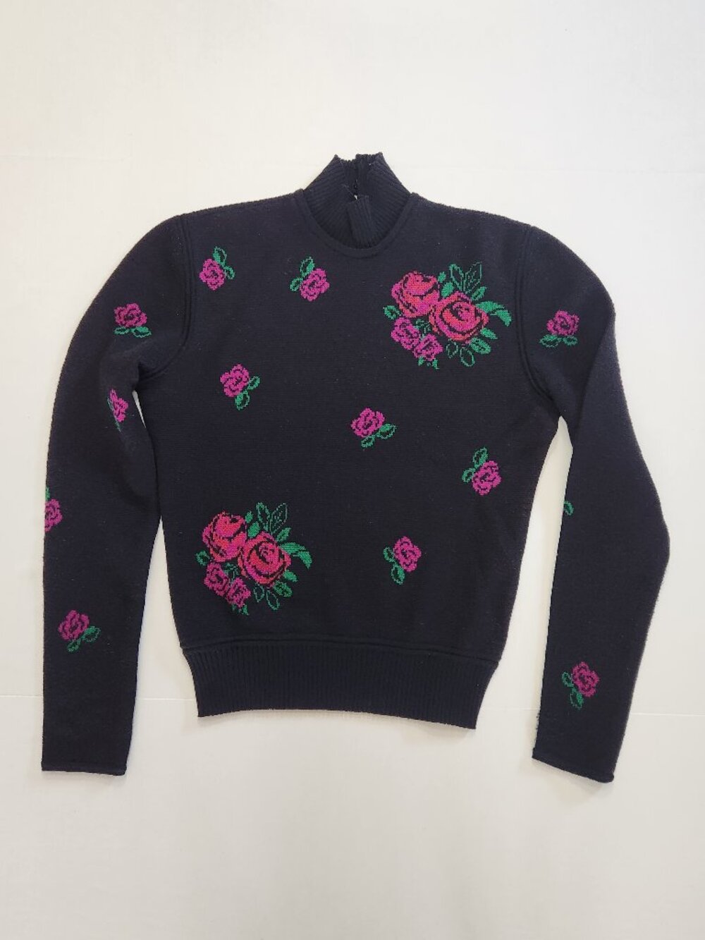 Vintage Emanuel Ungaro Parallele Paris Rose Knit Sweater Mock Neck Black Small